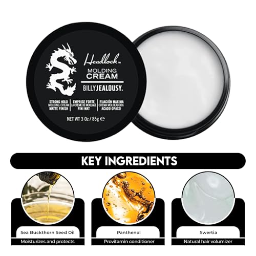 Billy Jealousy Headlock Hair Molding Cream, Hair Styling Cream for Men with Strong All-Day Hold, Natural Matte Finish Styling Agent for All Lengths, 3 Ounce