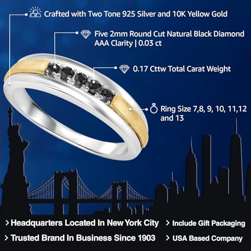 Gem Stone King Black Diamond Satin Finish Wedding Band Ring For Men | 925 Sterling Silver and 10K Yellow Gold | 0.17 Cttw | Round 2MM | Size 8