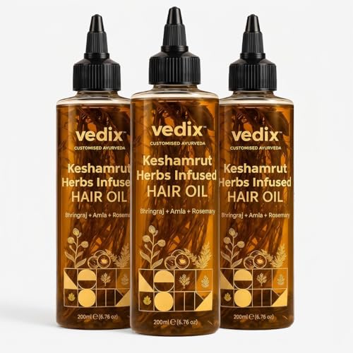 Vedix Keshamrut Herbs Infused Ayurvedic Hair Oil With Bhringraj, Amla & Rosemary I Control Hair Fall & Boost Hair Growth I 16+ Whole Herbs, Leaves & Flowers I No Mineral Oils & Chemicals (Pack of 3)