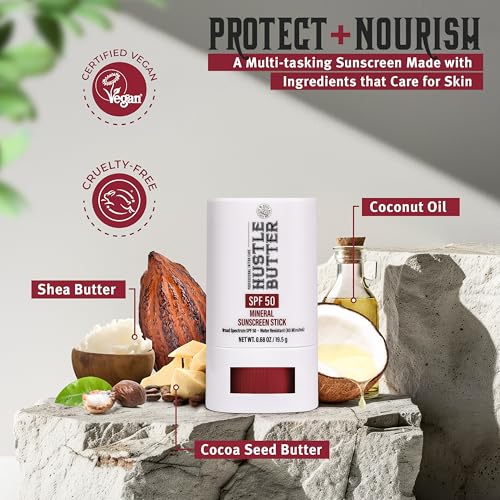 Hustle Butter Tattoo Aftercare Sunscreen Stick - Tattoo Sunscreen Stick, Fade Protection SPF 50, Hydrating with Shea Butter & Coconut Oil, TSA-Friendly, Water Resistant, Non-Greasy, 0.68 oz