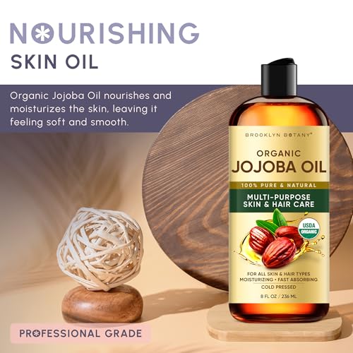 Brooklyn Botany Cold-Pressed Organic Jojoba Oil | for Skin, Hair and Face | 8 Fl Oz | 100% Pure and Natural | Carrier Oil for Essential Oils, Aromatherapy and Massage | Hexane Free
