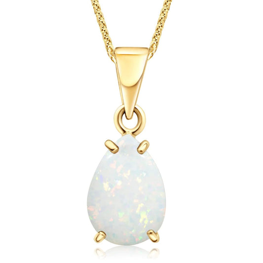 14K Gold White Opal Pendant - Dainty Pear-Shape Teardrop Pendant, 7x10mm 14K Solid Yellow Gold Pendant, October Birthstone Opal Gemstone - Handmade Bridal Wedding Jewelry for Brides and Classy Women