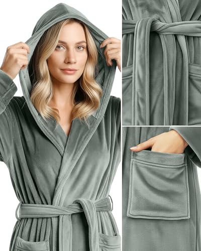 NY Threads Premium Plush Fleece Robes for Women with Hood Fluffy Soft Long Bathrobe, Medium, Steel Grey