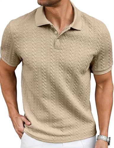 JMIERR Polo Shirts for Men Classic Fit Casual Ribbed Button Down Shirt Quiet Luxury Clothes Casual Collared Shirt, US43(L), Parchment