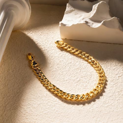 Porment 6.5mm 14K Gold Cuban Bracelets for Men & Women Dainty Stackable Cuban Link Chain for Men Fashion Simple Bracelet Non-tarnish Gold Jewelry Unisex Gift Lifetime Quality