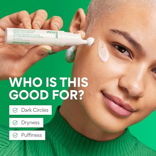 innisfree Green Tea Caffeine Depuffing Eye Serum Roll-On with Niacinamide & Hyaluronic Acid, Cooling Korean Under Eye Roller for Puffiness, Dark Circles, Brightening & Hydration