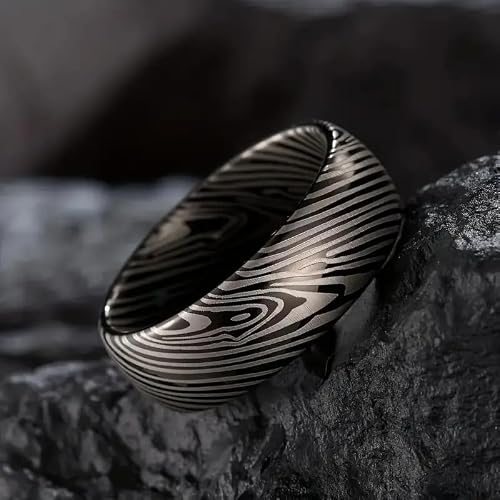 Damascus Steel Ring for Men Women - 8mm Wide Hand-Forged Pattern, Black & Metallic Swirl Textured Band, Hypoallergenic Wedding Ring, Size 7-13 (Damascus texture, 11)