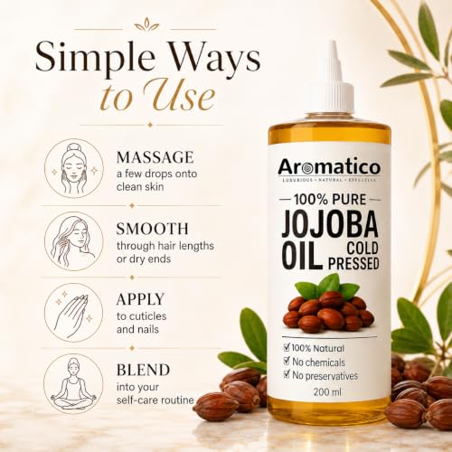 Aromatico Cold Pressed Jojoba Oil – 7 Fl Oz | Natural Hair, Face & Body Oil – Lightweight Moisturizing Carrier Oil for Dry Scalp, Skin Care, Beard, Cuticles & Massage