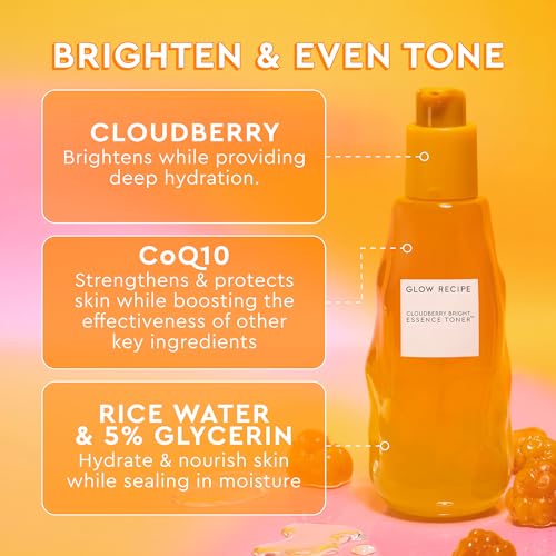 Glow Recipe Cloudberry Brightening Essence Toner, Korean Brightening Essence, Hydrating Rice Water + 5% Glycerin, CoQ10, Vitamin C & E, Barrier Support, Even Tone (75ml)