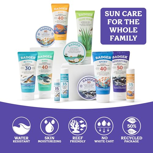 Badger Reef Safe Mineral Sunscreen, SPF 50, 98% Organic with Zinc Oxide, Non Toxic, Water Resistant, Unscented & Hypoallergenic, Broad - Spectrum, For Adventure & Sport, 2.9 fl oz