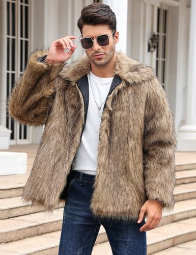 Arssm Mens Faux Fur Coats Winter Furry Fur Jacket Warm Fluffy Shaggy Jackets(Brown-L)