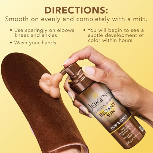 Jergens Natural Glow Instant Sun Body Mousse, Self Tanner for Deep Bronze Tan, Sunless Tanning Body Bronzer for Natural Looking Color Instantly, 6 Oz