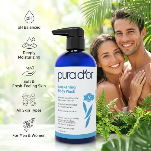 PURA D'OR 16 Oz Awakening Body Wash with Aloe Vera, Chamomile, Lavender, Tea Tree and Natural Nutrients - pH Balanced for Moisturized Soft, Fresh-Feeling Skin, All Skin Types, Men & Women