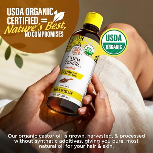 GuruNanda Castor Oil Organic USDA Certified (8 Fl oz) - 100% Pure & Natural, Cold Pressed & Hexane-Free, Hydrating Carrier Oil for Skin, Hair, Eyebrows & Eyelashes Growth