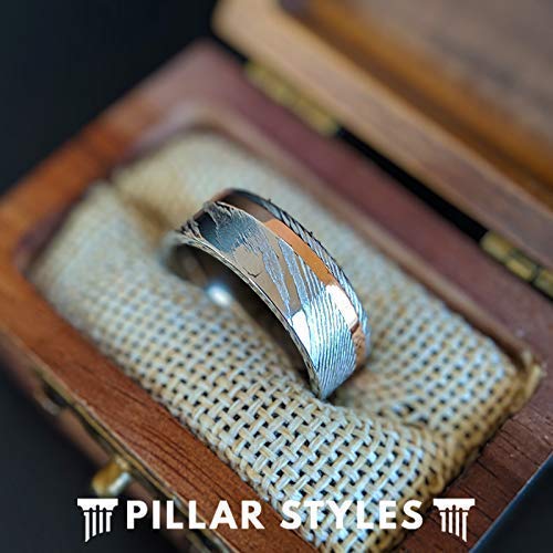 Damascus Rings Mens Wedding Band Silver and Rose Gold Ring 8mm Damascus Steel Ring with Offset 18K Rose Gold Inlay Comfort Fit Sizing Unique Anniversary Gifts for Him