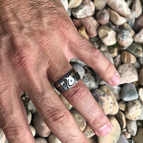 Matching Damascus Rings with 14k White Gold Inlay and Woodgrain Finish