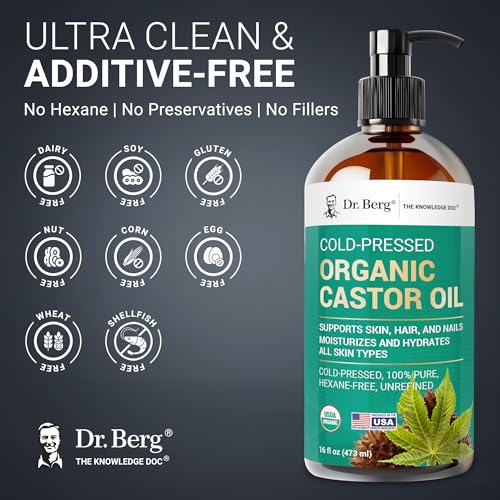 Dr. Berg Organic Castor Oil – 16 fl oz Cold-Pressed Oil – Pure, Unrefined, Single Ingredient – Sourced in India, Bottled in USA – Lab Tested, USDA Organic, Glass Bottle