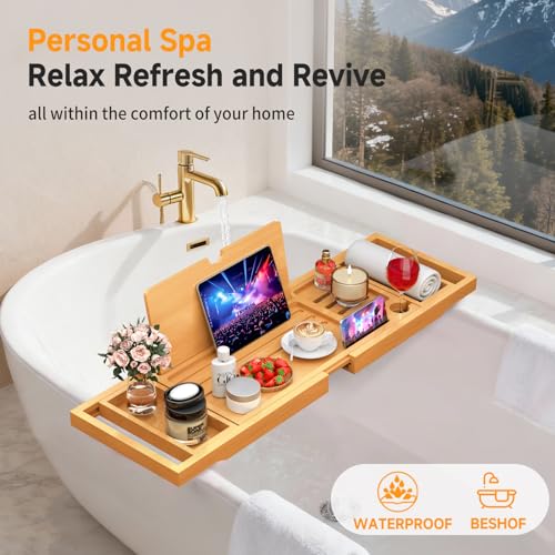 Premium Bamboo Bathtub Caddy Tray with Extending Sides, Adjustable Wood Bath Tray for Luxury Bath, Fits Most Tubs, Accessories Gift Idea