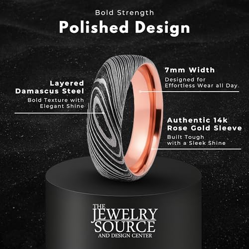 The Jewelry Source 7mm Damascus Steel Wedding Band for Men – 14K Rose Gold Sleeve – Comfort Fit Ring with Etched Grain Pattern (4)
