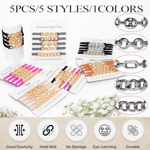loqpol 5PCS Black- Silver Gold Bracelet Hair Ties