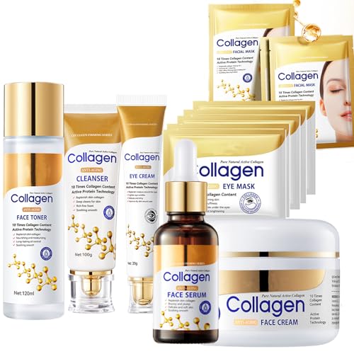 13 Pcs Skin Care Set , Collagen face wash sets for women, Facial Kit with Facial Cleanser Toner Eye Cream Face Serum Face Cream Face Mask Eye Mask
