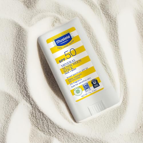 Mustela Baby Mineral Sunscreen Stick SPF 50 Broad Spectrum - Face & Body Sun Stick with 70% Organic Ingredients - Ultra Sheer, Water Resistant & Fragrance-Free - 0.6 oz.
