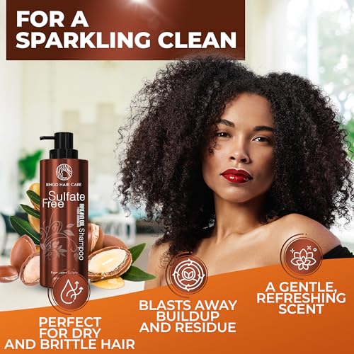 BINGO HAIR CARE Moroccan Argan Oil Shampoo - Sulfate Free, Anti Frizz Hydrating Thickening Care for Women and Men - Deep Moisturizing Treatment for Color Treated, Curly, Frizzy, Damaged and Dry Hair