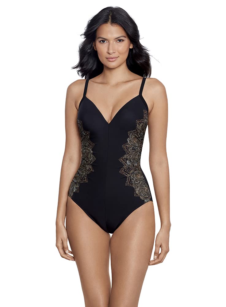 Miraclesuit Women's Swimwear Petal Pusher Temptation Tummy Control Underwire One Piece Swimsuit, Black/Multi, 08