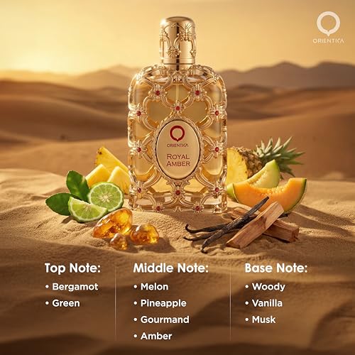 Orientica Luxury Royal Amber Eau De Parfum 2.7oz/80ml - Notes of Vanilla, Bergamot, Pineapple, Melon - Amber Oud, Gourmand Fruity Arabic Perfumes for Women & Men - Perfumes Arabes de Mujer y Hombres