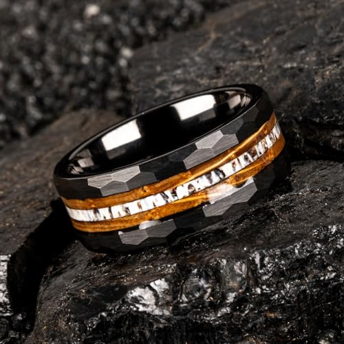 JEWPER 8mm Men Womens Wedding Band Tungsten Rings Black Hammer pattern Fashion Promise Carbide Inlaid Antlers Fire whiskey barrel wood Matte Finish Edge Comfort Fit Size(10)