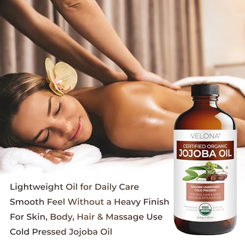 velona USDA Organic Jojoba Oil - 16 fl oz Glass Bottle, Cold Pressed, Pump