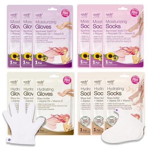 Epielle Hydrating & Moisturizing Hand & Foot Masks, Relieve and Soften Dry, Rough Skin, Self Care Gifts for Women, Spa Kit, 6 Moisturizing Gloves & 6 Moisturizing Socks