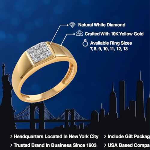 Gem Stone King Solid 10K Yellow Gold Natural White Diamond Wedding Anniversary Ring For Men | Available In Size 7, 8, 9, 10, 11, 12, 13