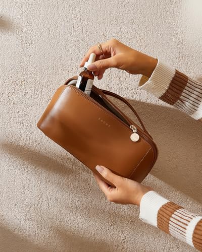 EACHY Travel Makeup Bag for Women, PU Leather Cosmetic Bag, Brown, Medium
