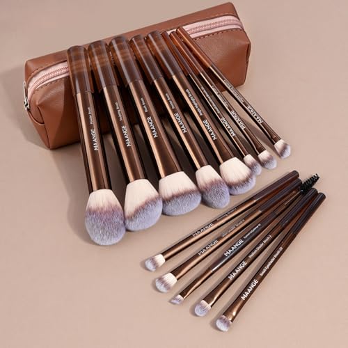 MAANGE 13 PCS Makeup Brushes Professional Make Up Brushes Premium Synthetic Powder Concealers Brushes Travel Makeup Brush Set with Case (Coffee)