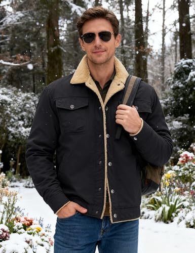 MAGNIVIT Men's Warm Jacket Sherpa Winter Botton Down Fur Collar Trucker Jacket Black
