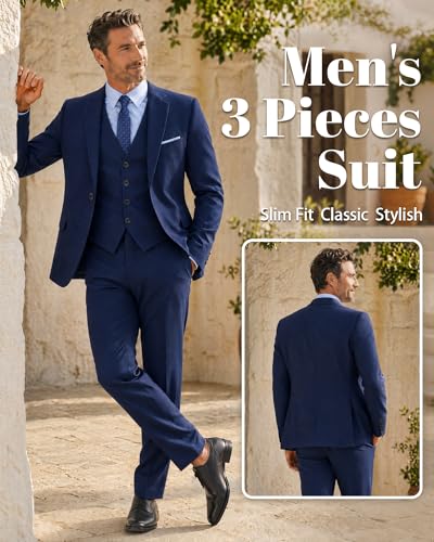 MY'S Men's 3 Piece Slim Fit Suit Set, One Button Solid Jacket Vest Pants with Tie Deep Blue