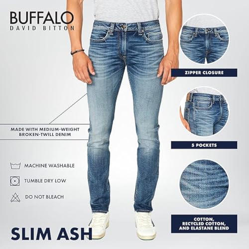 Buffalo David Bitton Men's Slim Ash Jeans, Authentic and Sanded Indigo, 44W x 32L