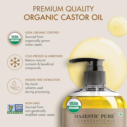 Majestic Pure USDA Organic Castor Oil, 100% Pure & Natural Body Oil -8 FlOz