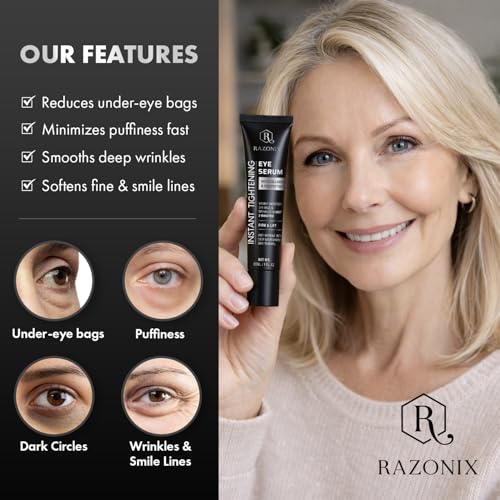RAZONIX Instant Eye Tightening and Lifting Serum for Under Eye Bags, Puffiness, Dark Circles, and Hooded, Droopy Eyelids, with Caffeine and Hyaluronic Acid for Women & Men