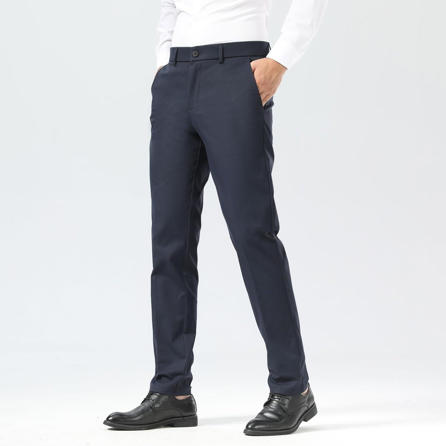Plaid&Plain Men's Dress Pants Slim Fit Stretch Khaki Pants Wrinkle Free 8802 Navy Blue 32x30
