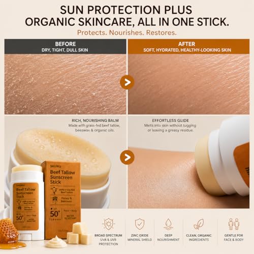 Beef Tallow Sunscreen Organic Stick SPF 50 – Non Nano Zinc Oxide Tallow-Based Mineral Sunscreen with Honey & Beeswax for Face & Body, Water-Resistant Natural Sunblock, 0.53 oz