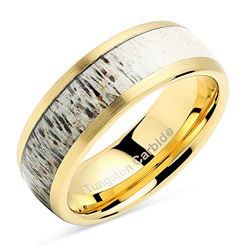 100S JEWELRY Tungsten Rings for Men Gold Wedding Band Antler Inlaid Dome Edge Matte Finish Size 8-16 (13.5)