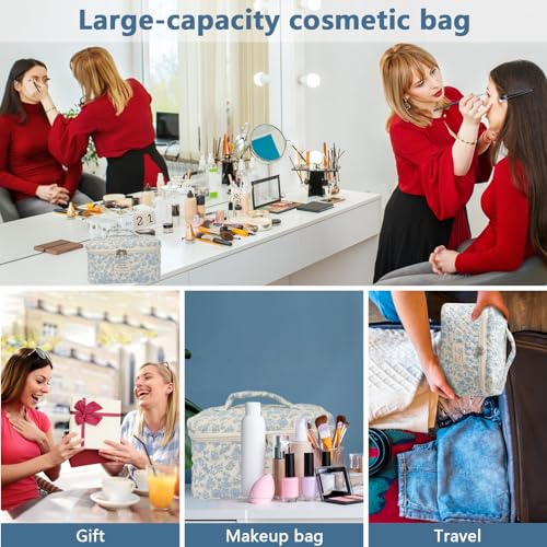 Gosect Large Makeup Bag, Cute Cosmetic Bag for Women Girls, Floral Coquette Aesthetic Toiletry Bag, Travel Make Up Organizer Bag (BDLH)