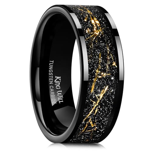 King Will 8mm Tungsten Carbide Ring for Men Black Wedding Band Sandstone Gold Foil Inlay High Polished-9.5