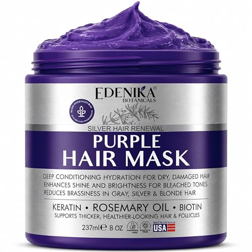 EDENIKA BOTANICALS Rosemary Purple Hair Mask Deep Conditioner with Biotin & Keratin, Reduces Brassiness & Yellow Tones for Blonde, Gray & Silver Hair, Hydrates & Helps Strengthen Hair, Sulfate-Free