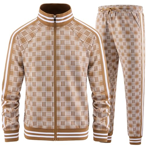 Aiozowa Track Suits for Men Set Plaid Jogging Tracksuit Mens 2 Piece Sweatsuits Jogger Sweat Suits Two Piece Sport Leisure Clothes Outfits Light Brown KEW-KE08-L