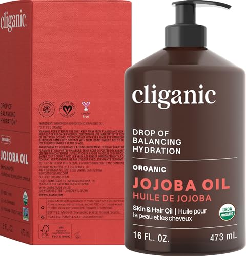 Cliganic Organic Jojoba Oil 16 oz, 100% Pure | Bulk, Natural Cold Pressed Unrefined Hexane Free for Hair & Face | Base Carrier Oil