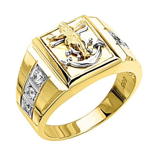 GM Wedding Collection 14K Yellow Gold Religious Jesus Cross Crucifix Anchor Fashion CZ Cubic Zirconia High Polish Finish Ring Band for Men (Size 8 to 13) - Size 10