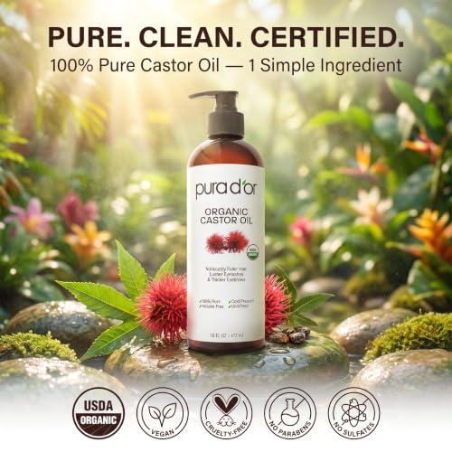 PURA D'OR ORGANIC Castor Oil (16 Oz) Pure Cold-Pressed Hexane-Free USDA Certified